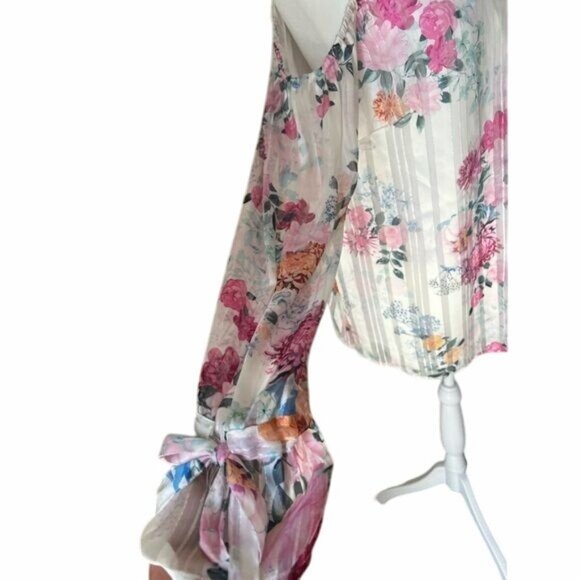 INC Floral International Concepts Cold Shoulder Blouse Sheer Long Sleeves Medium - Picture 9 of 15
